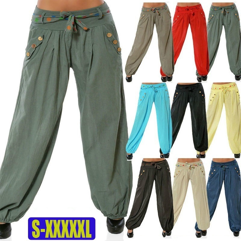 

2021 New Women's Harem Plus Size 5xl Solid Color Casual Long Loose Baggy Flare Pants Drawstring Women Trousers J7r5, Blue
