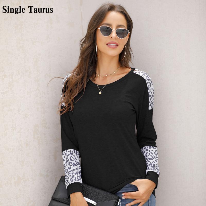 

Spring Autumn Top Women Long Sleeve T Shirt Solid Color Casual Tee Female Leopard Stitching Tees Fashion Loose Top Lady T-shirt, Black