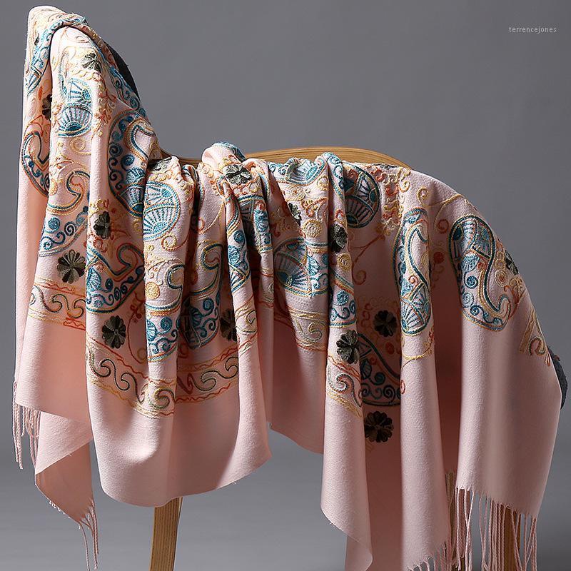 

Scarves 2021 Winter Warm Solid Scarf For Women/Lady Soft Wool Shawls Flower Embroidery Cashmere Female Wraps Capes1