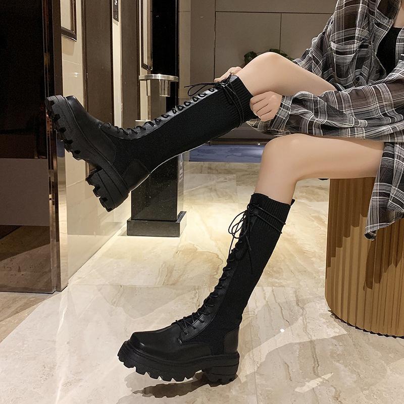 

Autumn Women Knee High Boots Casual PU Leather Lace Up Thick Sole Long Boots Female Non-slip Ladies Paltform Shoes Nice1, Beige