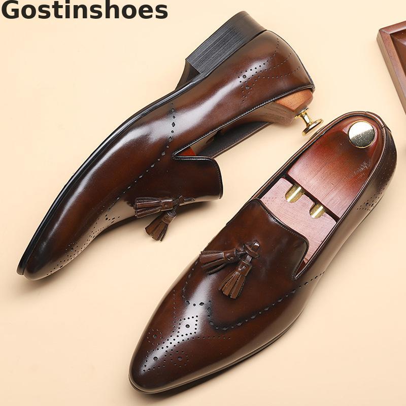 

Luxury Men Leather Shoes Cowhide Genuine Leather Men Brogues Shoes Slip-on Carved Dress Formal Pointed Toe, Black