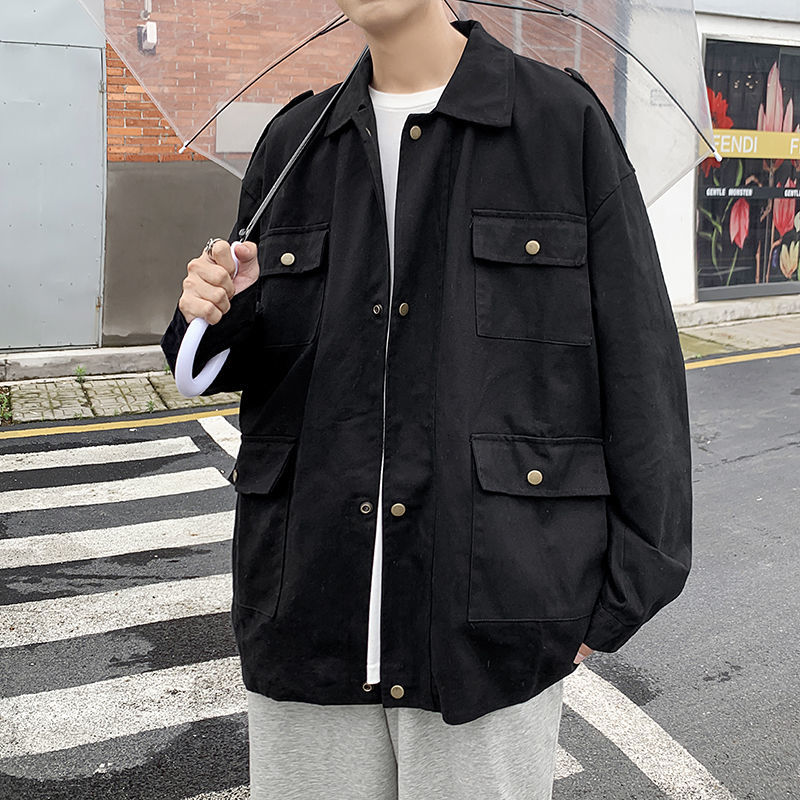 

Spring 2021 Men's New Multi-pocket Male Youth Jacket Size 5-xl FMXH, Black