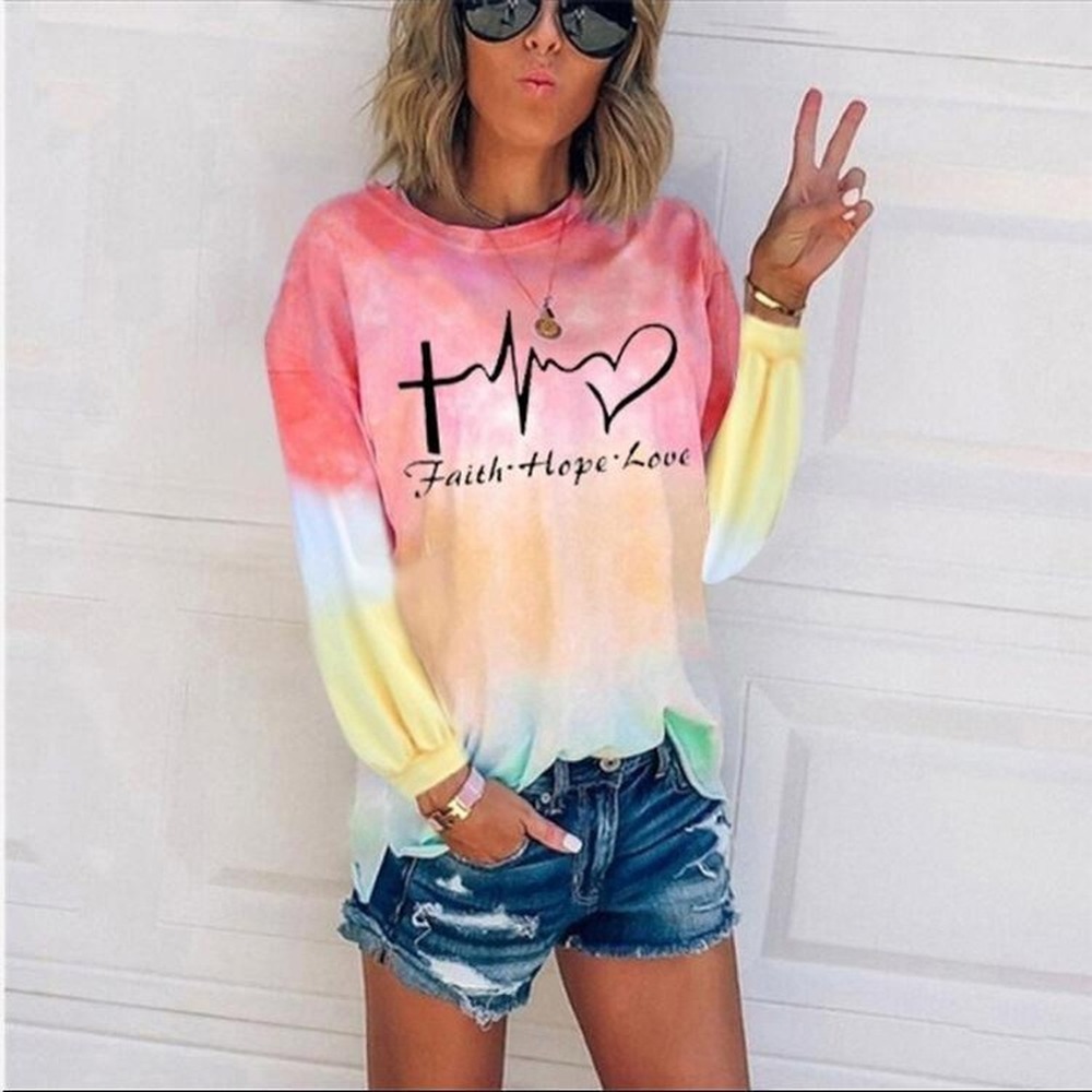 

Autumn Women Shirts Gradient Tie-Dye O Neck Long Sleeved Oversized T Shirt Womens Tees and Tops Plus Size 201125, Red