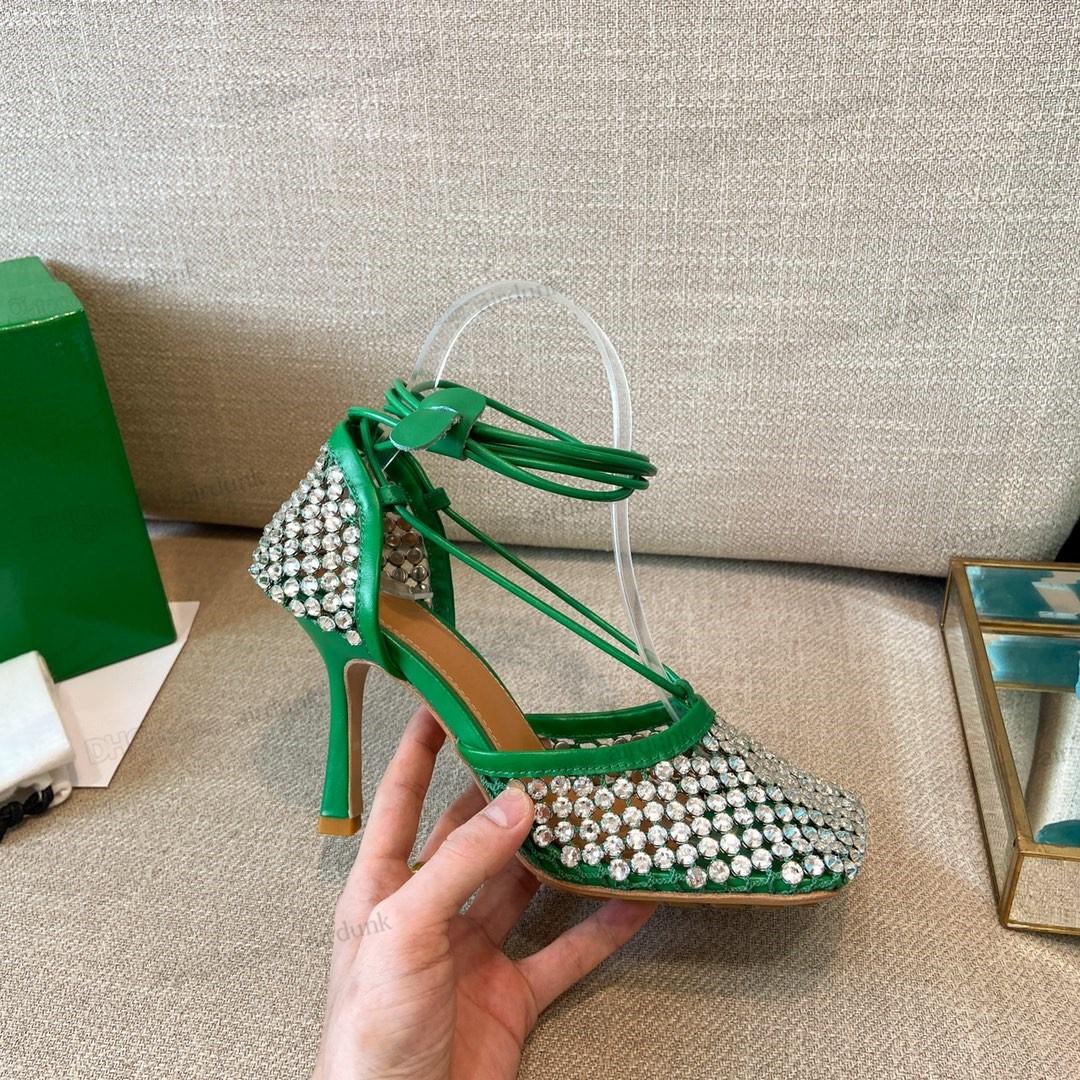 

2022 Women high heel SPARKLE STRETCH Sandals Slippers Fashion Leather Rhinestone Mesh Sandal slides Top Designer Ladies office party wedding bottegas Dress shoes