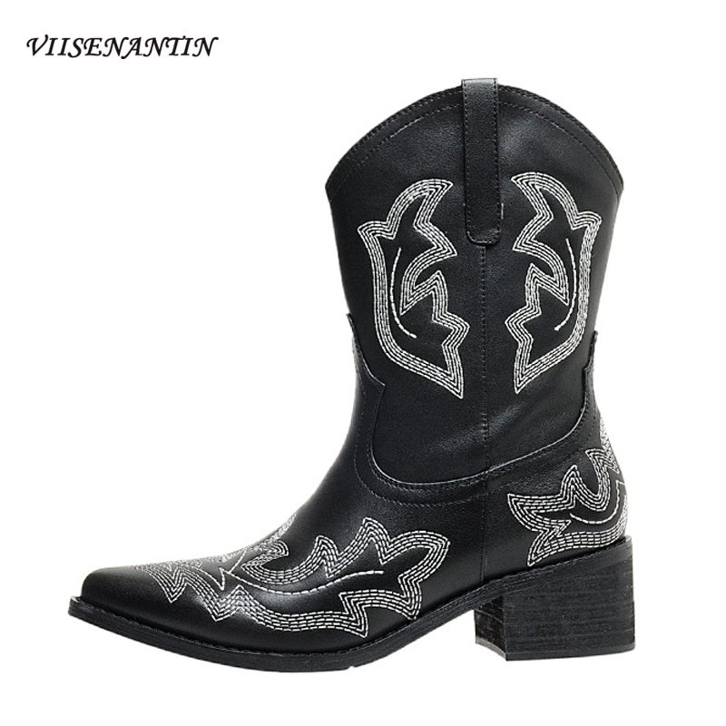 

New Ethnic Style Embroider Mid-calf Boots Genuine Leather Western Cowboy Boots Thick Heel Pointed Toe Retro Women's Short, Black