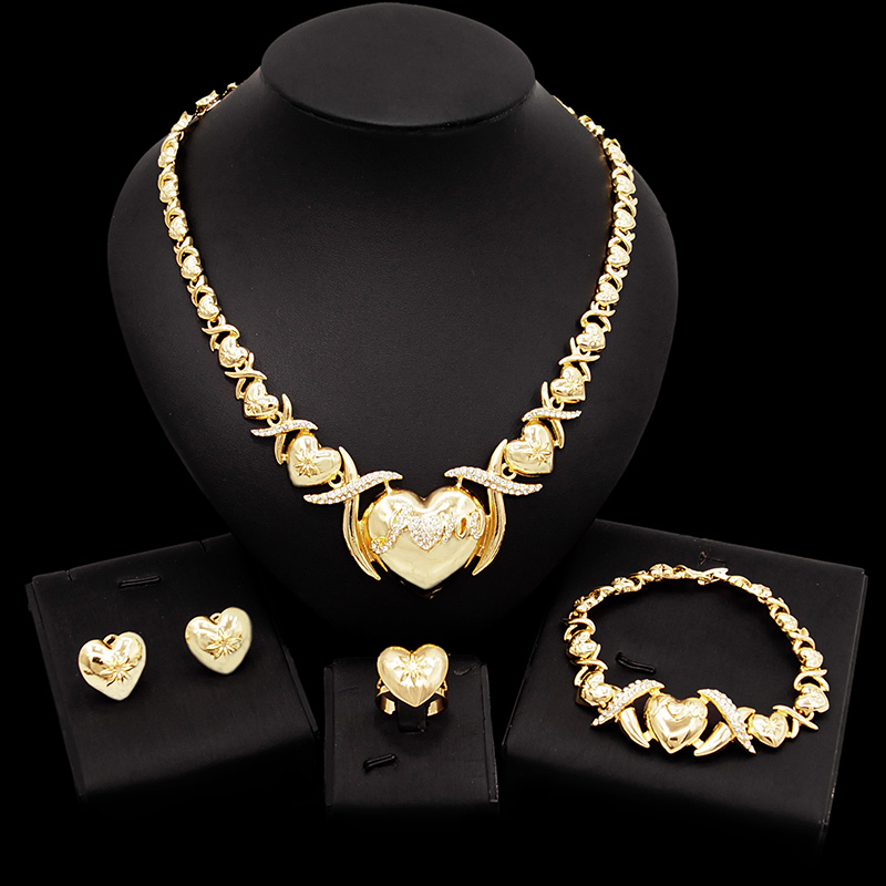 

Yulaili NEW 18K Gold Plated Jewellery Crystal XO Heart Shape Necklace Earrings Bracelets Ring Bride Wedding Jewelry Sets Free Shipping, Golden