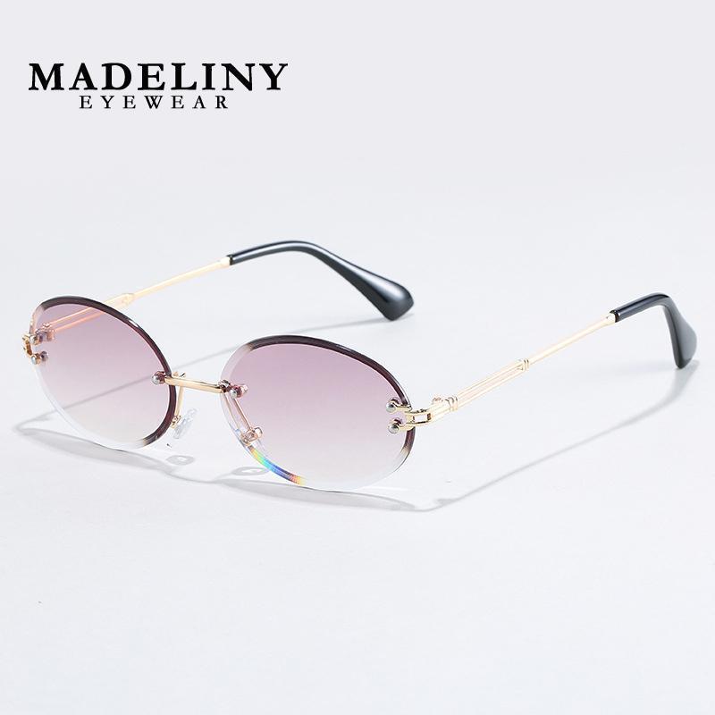 

MADELINY Rimless Oval Sunglasses Women Frameless Gold Brown Metal Frame Round Small Sun Glasses Summer Shades for Ladies MA1441
