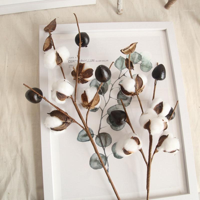 

4 Pcs 5 Heads Natural Dry Cotton Artificial Plant Flower Home Decor Dried Cotton Stems Long Branch Wedding Party Decor1, White