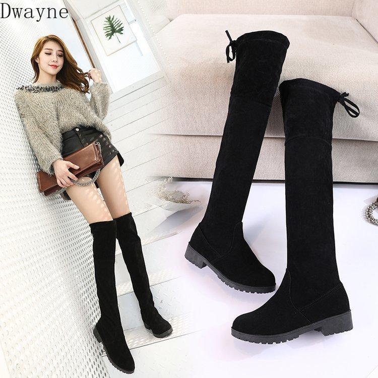 

Autumn and winter new Korean version of the knee boots fashion wild elastic boots female middle trend high tube flat1, Black thin section
