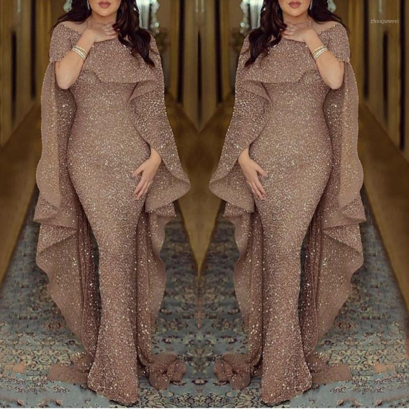 

plus size dresses woman party night's Sexy Solid Color Short Sleeve Sling Sequin Long Full winter dress With Cloak vestidos1, Khaki