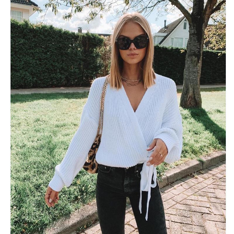 

Women Knitted Cardigans Autumn Sexy V-Neck Batwing Sleeve Oversized Sweater Casual Loose Lace-up Female Sweaters Cardigan Tops, White