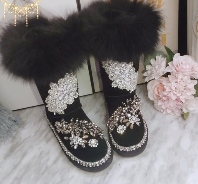 

2020 with Snow Sweet Skin Luxury Fox Hand-sewn Hair High Ladies Tube Cotton Boots Original Station Jpxf, Black