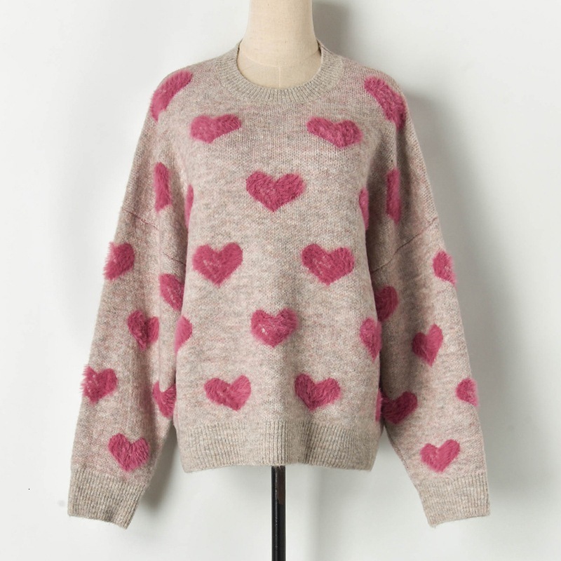

High Street Women Faux Mink Cashmere in Heart Shape Pullovers Autumn Female Winter Loose Tops Jumpers From Large Dimensions Pbsh, Pink.