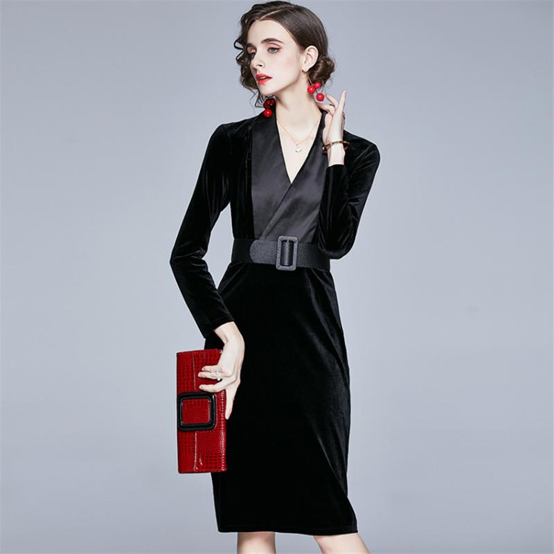 

Autumn WInter Black Velvet Dress Women Long Sleeve Bodycon Dresses European Fashion High Quality Designer Runway Dress Robe