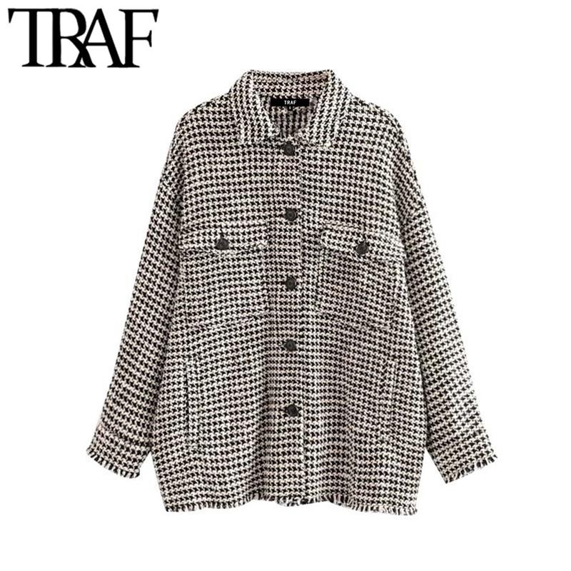 

TRAF Women Vintage Stylish Frayed Tassel Oversized Tweed Plaid Jacket Coat Fashion Long Sleeve Pockets Outerwear Chic Tops 201124, As picture