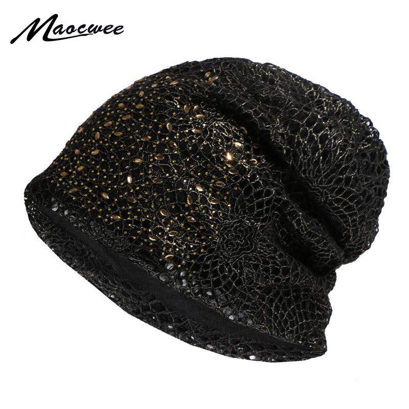 

Women's Spring and Autumn Thin Beanie Hat Fashion Joker Lace Rhinestone Cap outdoor leisure girl hollow Innocent cap