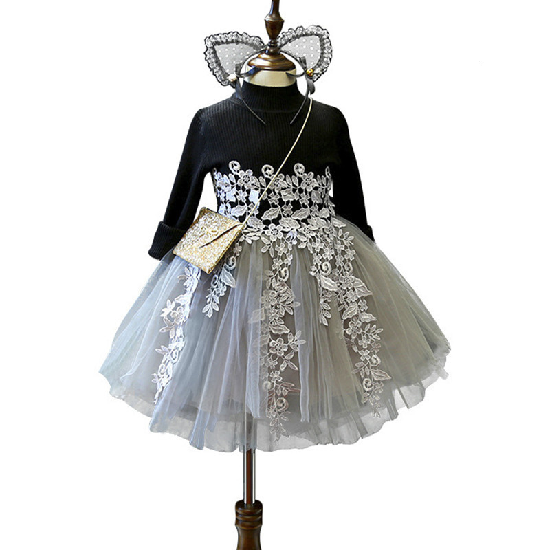 

2021 New Spring Kids Long-sleeve Es Age for 3-7 Yrs Girl Lace Veet Elegant Evening Party Ball Gown Children Clothes C4j5, Black