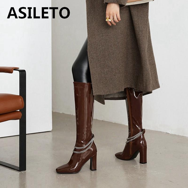 

ASILETO Winter Knee-high Boots Square Toe Chunky Heels Patent Leather Zipper Solid Chain Metal Big Size 34-48 Red Casual C2043, Brown velvet