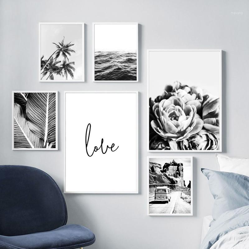 

Nordic Travel Landcape Canvas Poster Tropical Palm Flower Bus Ocean Minimalist Painting Black White Living Room Decor Picture1