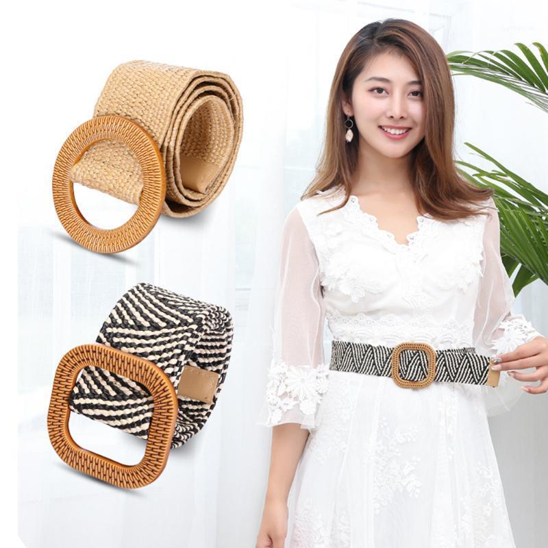 

Gril Belt Wooden Elastic Straw Belts Dress Decoration Casual Female Clothes Accessories Elegant Slim Solid Round Buckle Women1, Black