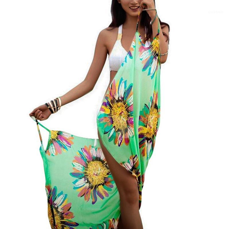 

New 2020 Women Halter Sling Chiffon Beach Towel Silk Sling Beach Print Bikini Blouse Flowers Open-Back Dresses Cover1
