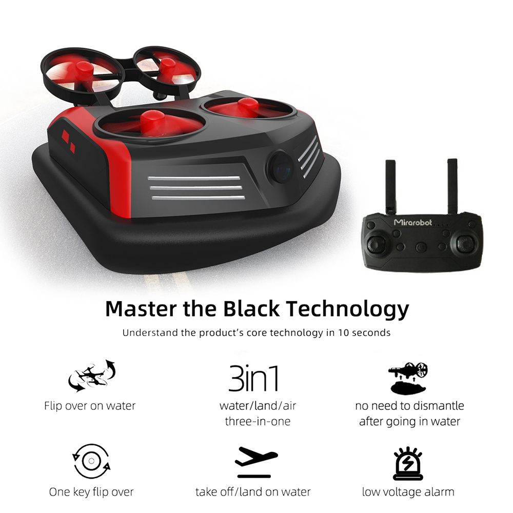 

Mirarobot Domain S200 Mini Drone Remote Control Boats Car 3-in-1 Sea-Land-Air Mode Waterproof Hovercraft Toy RC Quadcopter, Red