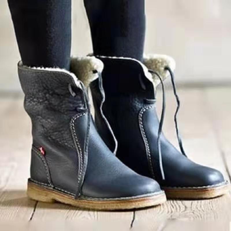 

2020 Hot Autumn Winter Round-Toe Snow Boots plus Velvet Lace-up Flat Casual Shoes Female Leather Ankle Boots Western Style Shoes, Blue