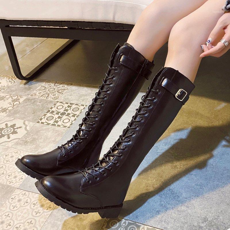 

Rimocy 2021 New Sexy Slim Women's Knee High Boots PU Leather Round Toe Zipper Low Heels Shoes Woman Autumn Winter Platform Botas1, Black