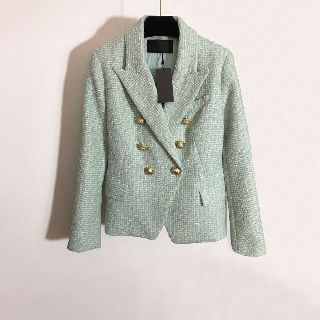 

High end double breasted gold button Tweed Fabric Lapel long sleeve Blazer slim fit coat, Black