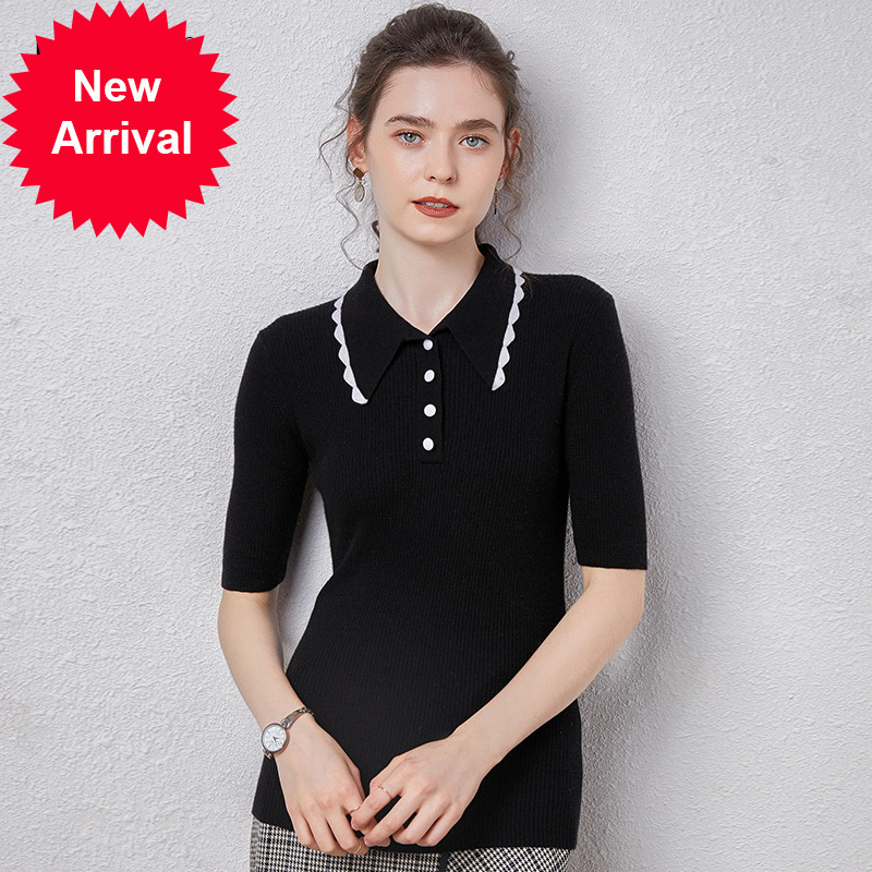 

2021 New Super Aconchegante Feminino Fino 100% Cashmere Lacy Polo Colarinho Tshirt Curta De Malha Worsted Fio 52nm Camisola F8u1, Black