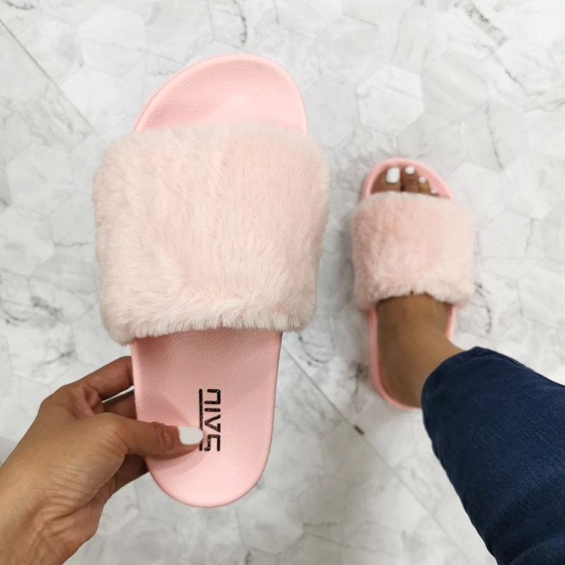 

One Drop Plush Women Slippers Female Furry Slides Wear-resistant Flat home Shoes Fur Slides Woman Indoor Slippers Fur Sandals #po8F, Black