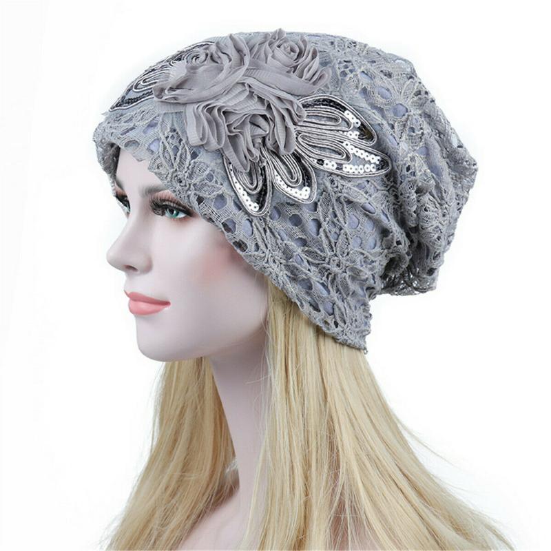 

Women Elegant Floral Lace Beanie Hat Bonnet Turban Head Wrap Cap Hat, Black