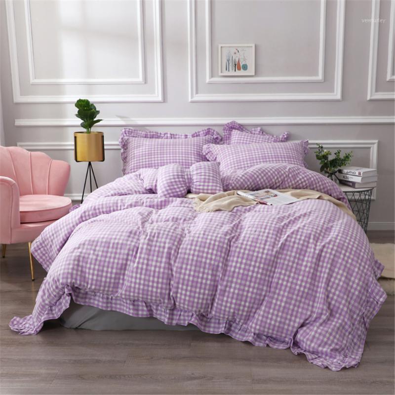 

3/4pcs Washed Cotton Bed Linen Euro Double Bedding Set Teens Girls Adult Single Bed Cover Ruffles Quilt Covers King Purple Sheet1