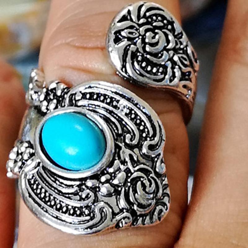 

Vintage Printing Blue Stone Ring Antique rings for Women Bohemain Jewelry Opening Ring Ladies Accessories Gift S3X327