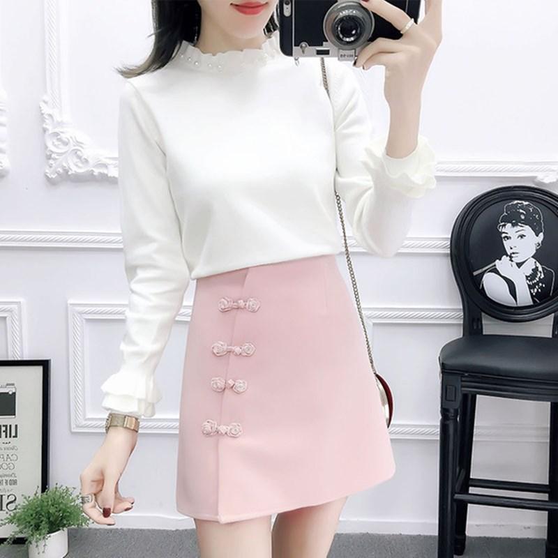 

2020 Autumn Winter New Sweet Knit Sweater 2 Piece Set Women Lovely Stand Collar Long Sleeve Sweater + Fashion Mini Skirt Suits, Gray