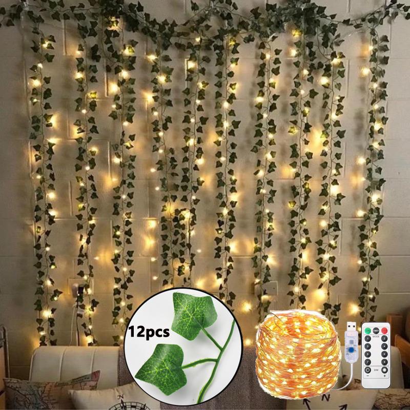 

12pcs Artificial Plants Ivy Garland With USB 10M LED Fairy Light Fake Leaf Vine Hanging For Home Living DIY Aesthetic Room Decor, 12pcs without light3