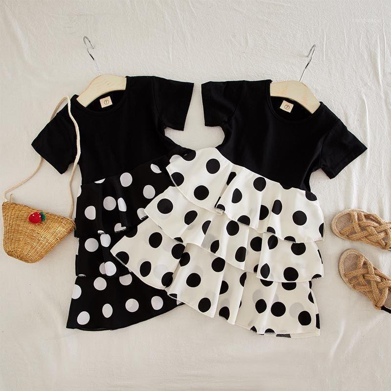 

Summer girls tee dress baby dress kids casual clothes Children vestidos solid tops dot layered bottoms 3 to 12 yrs1, Black black