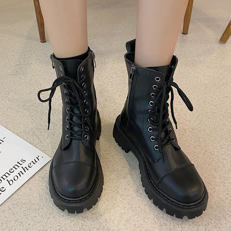 

Rimocy Women's Platform PU Leather Combat Boots Non-slip Black Chunky Ankle Boots Female Fashion Double Zipper Motorcycle Botas