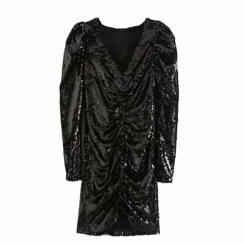 

New 2021 Black Sequin Party Women Winter Ruched Glitter Long Sleeve Mini Sexy Dresses Ladies Sparkly Vintage Dress Bne4