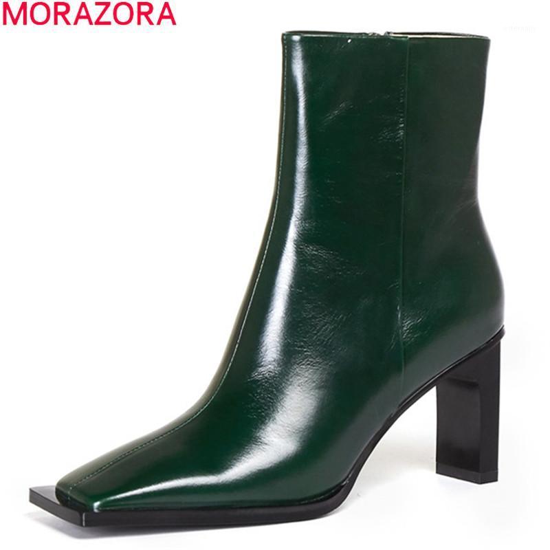 

MORAZORA 2020 New arrival fashion women boots genuine leather boots thick high heels square toe solid color ankle1, Black cowhide
