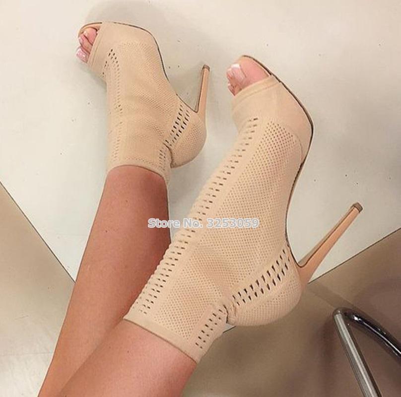 

ALMUDENA Top Brand Beige Black Stretchy Knitting Ankle Boots Small Hole Patchwork Open Toe Gladiator Boots Cut-out High Heels, Army green as pictur