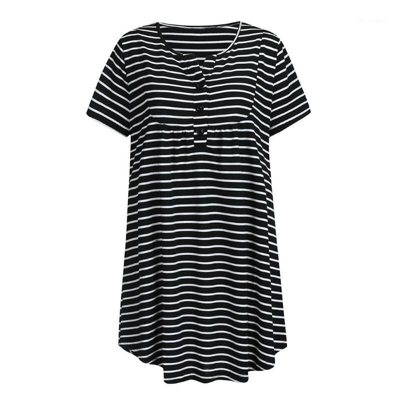 

SAGACE pregnant women round neck button slim straight pleated skirt baby mother color matching stripes home pajamas skirt1, Black