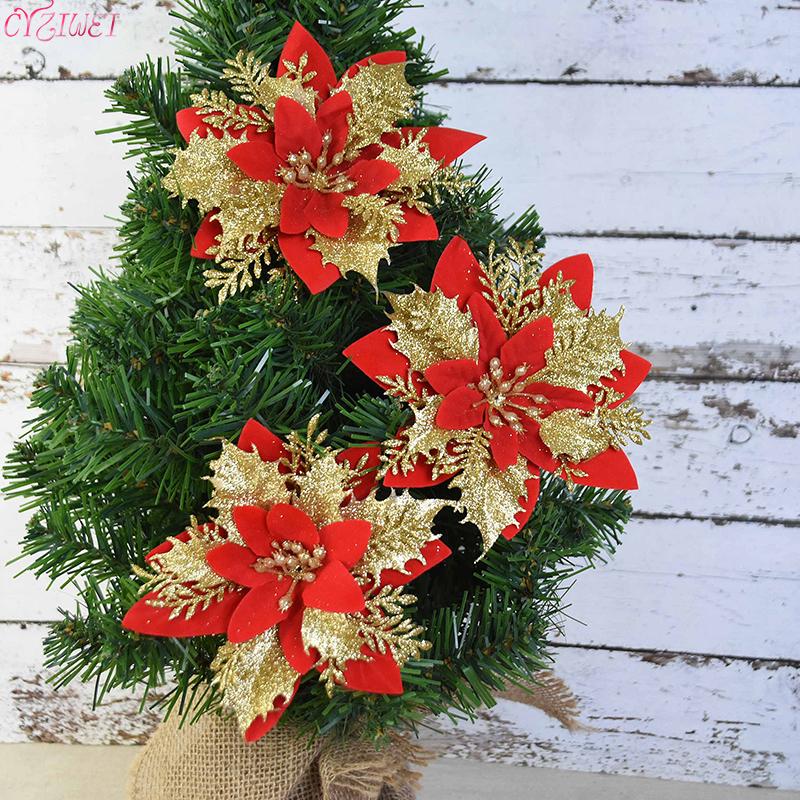 

Christmas Decorations 5/10pcs Artificial Flowers Glitter Fake Merry Tree Decor Home DIY Xmas Gifts Ornament Navidad 2022