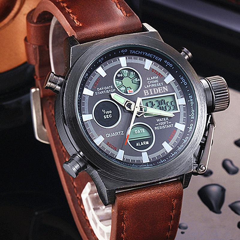 

Wristwatches BIDEN Brand Men Diver LED Digital Sports Watch Genuine Leather Nylon Quartz Waterproof Relogio Masculino, Leather black green