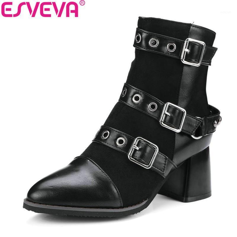 

ESVEVA 2021 Women Boots Flock+PU Warm Fur Square High Heel Pointed Toe Ankle Boots Out Door Western Style Lady Size 34-431, Black