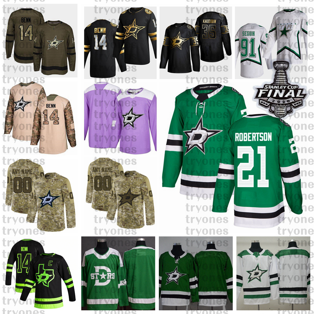

2021 Reverse Retro Customize #21 Jason Robertson Dallas Stars Hockey Jersey Stanley Cup Golden Edition Camo Veterans Day Fights Cancer Shirt, Black;red