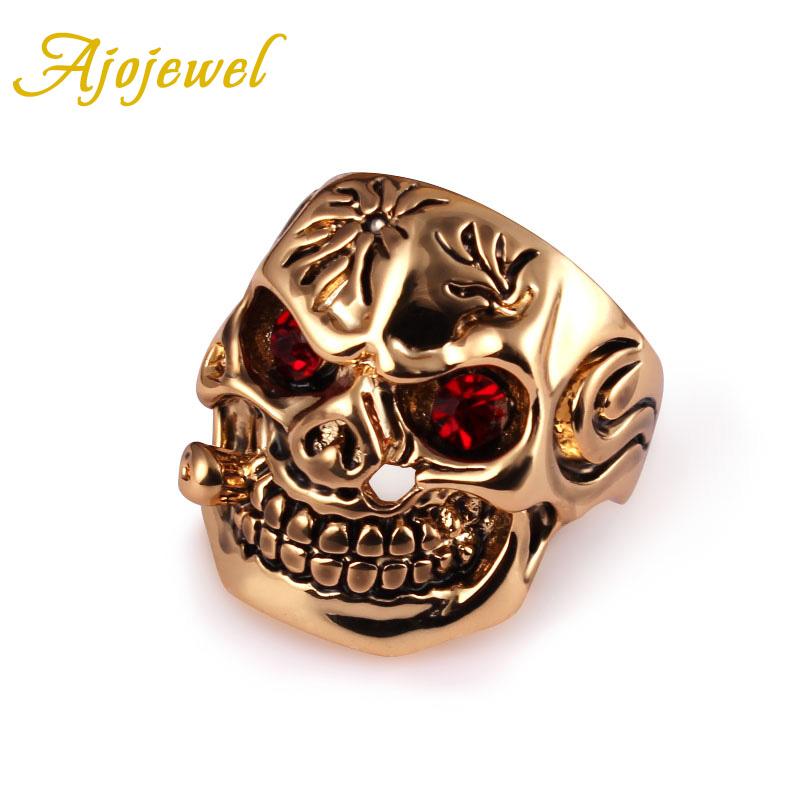 

Ajojewel Size 8-10 Gold-color Mens Skull Rings With Red Crystal Eyes Anillo Cristal Rojo Punk