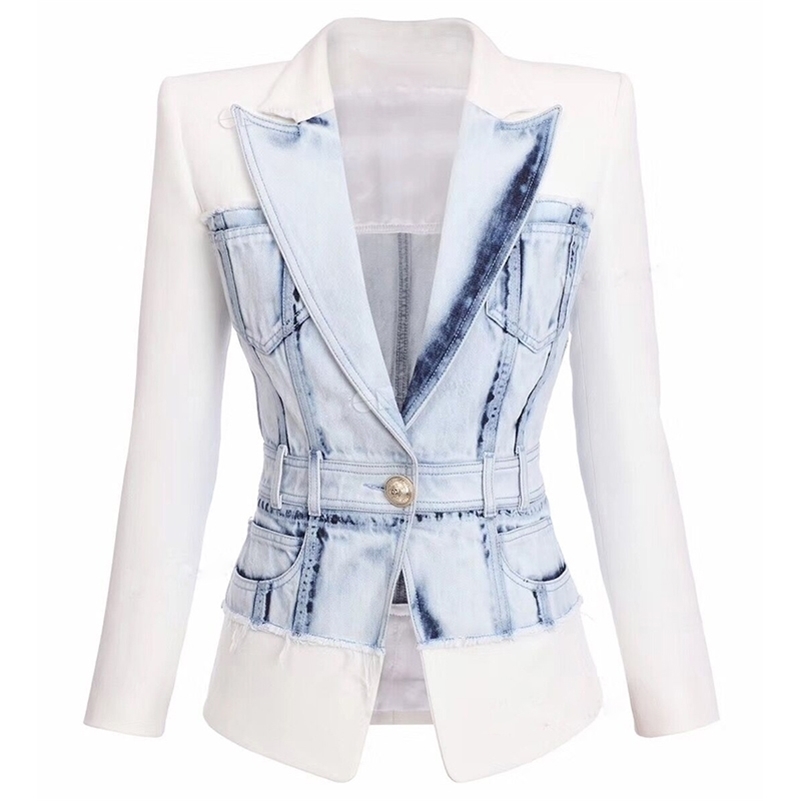 

HIGH QUALITY Newest Designer Blazer Women's Single Button Denim Patchwork Jacket Blazer 201114, Beige
