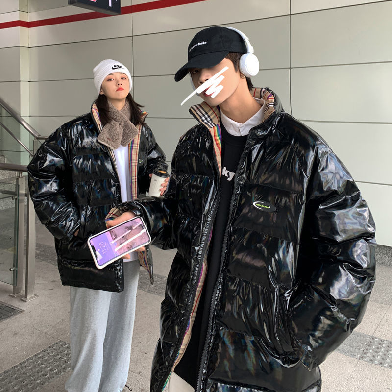 

2021 New Winter New Beautiful Shiny of Korean-style Men in Loose Fashion Plus Velvet Thick Jacket Man-made Black Bread Clothes JX9L