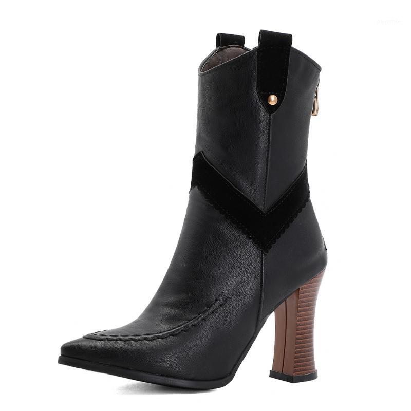 

Super Big Size Pointed Toe Super High Thick Heel Army Green Rivet Mid-Calf Boots PU Suture V-Shaped Belt Children Boots1, Black